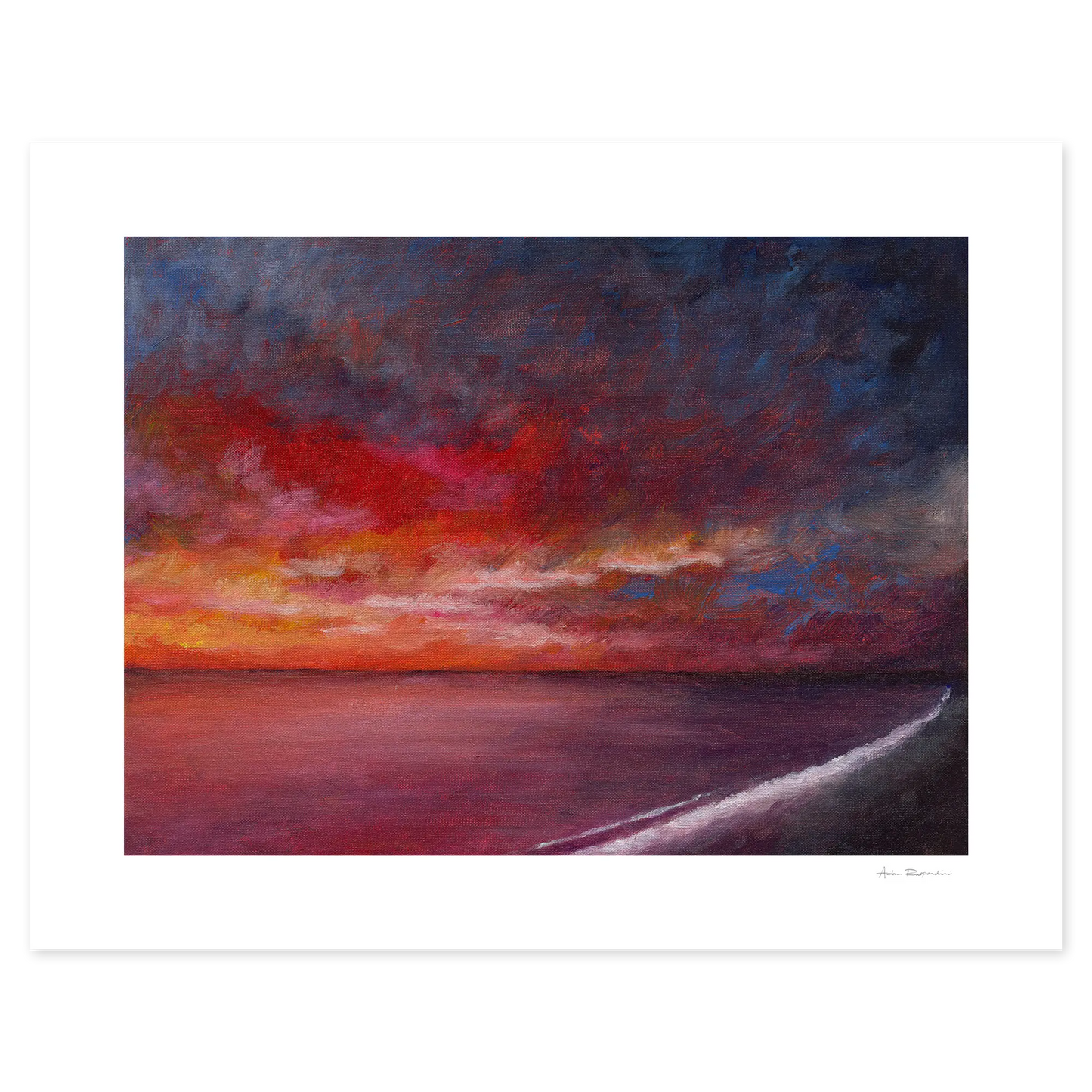 Painting of a dramatic sunset over water with vibrant red, orange, and blue colors.