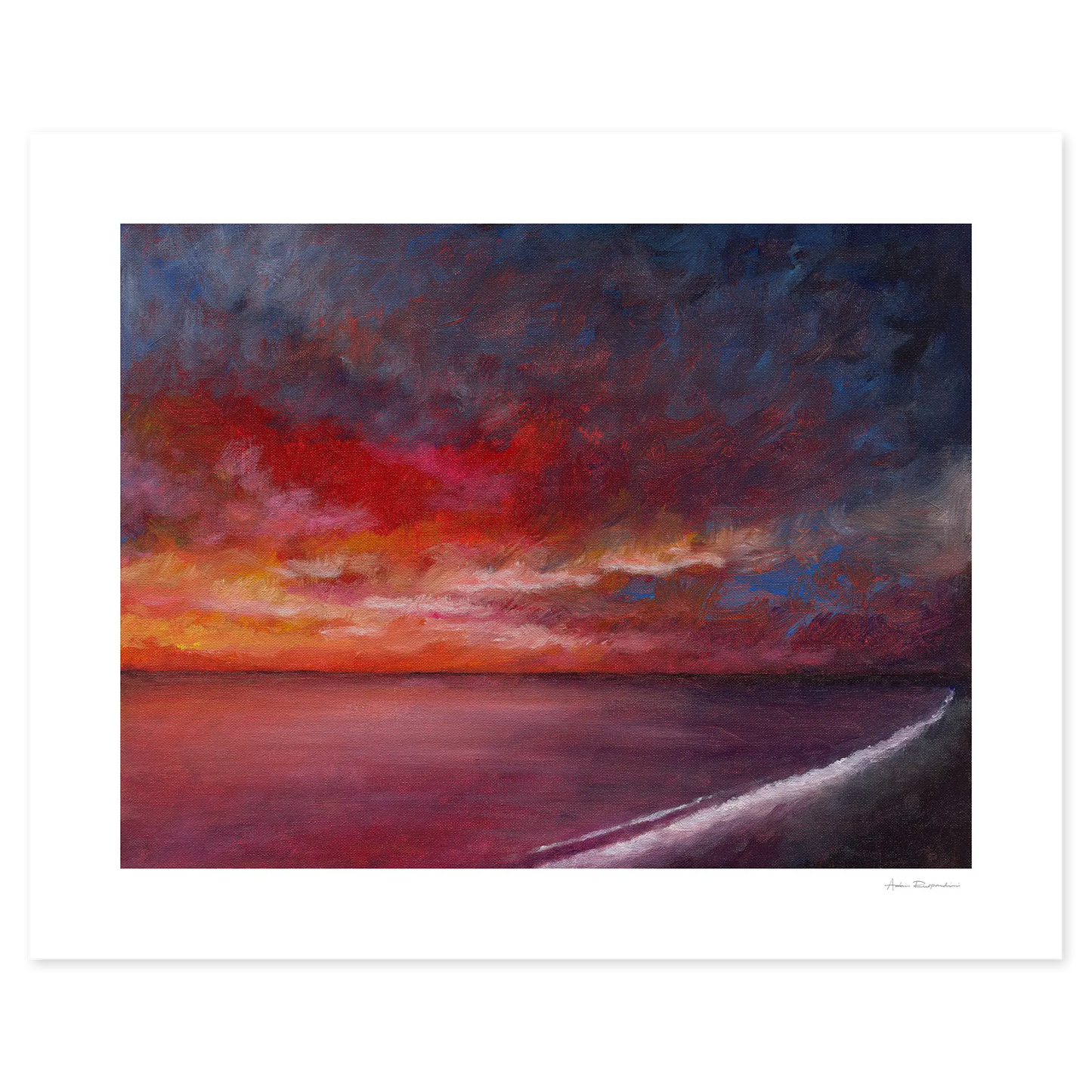 Painting of a sunset over water with vibrant colors