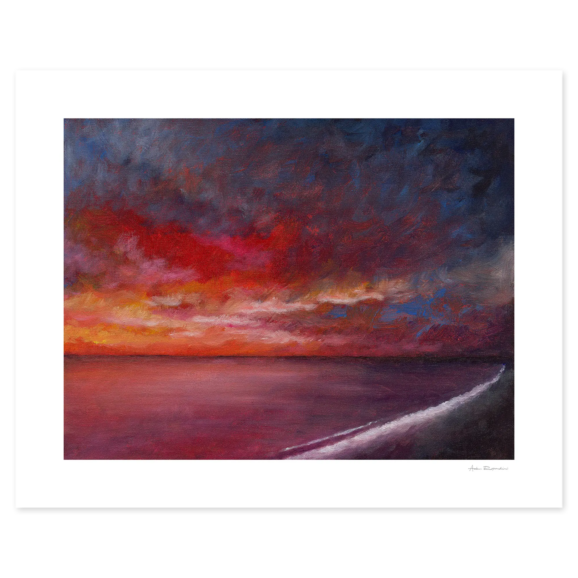 Painting of a sunset over water with vibrant colors