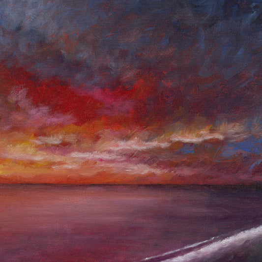 Painting of a sunset with warm colors over water