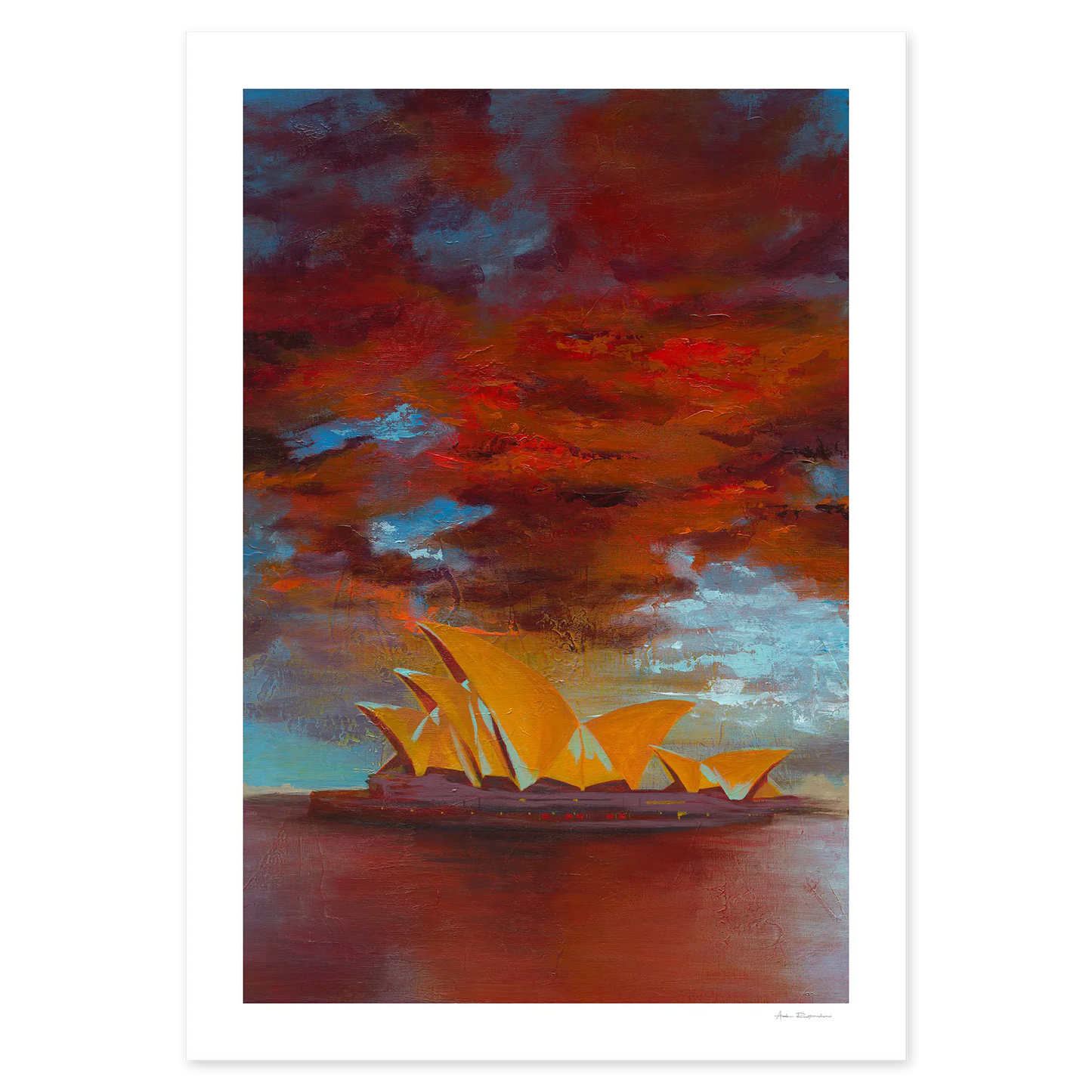 Artistic depiction of the Sydney Opera House with a vibrant, abstract sky.