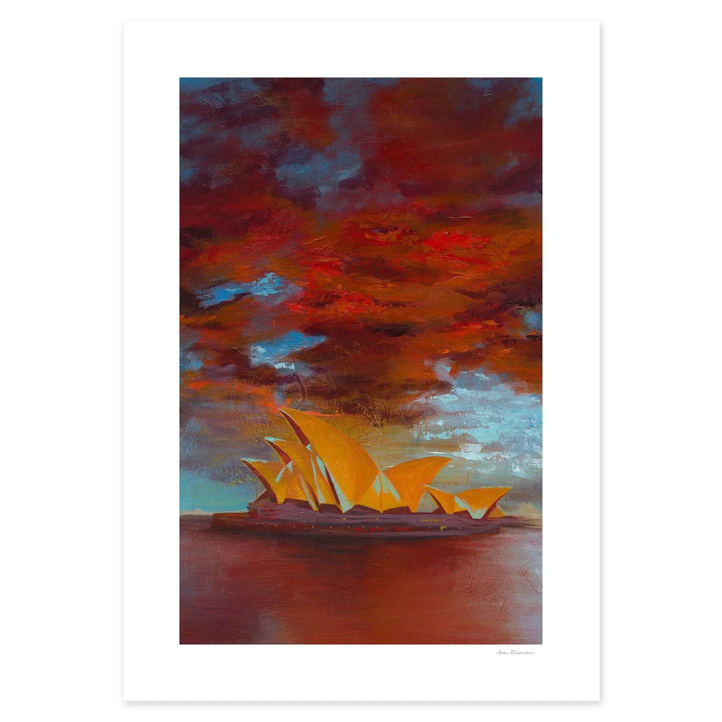 Artistic depiction of the Sydney Opera House with a dramatic sky.