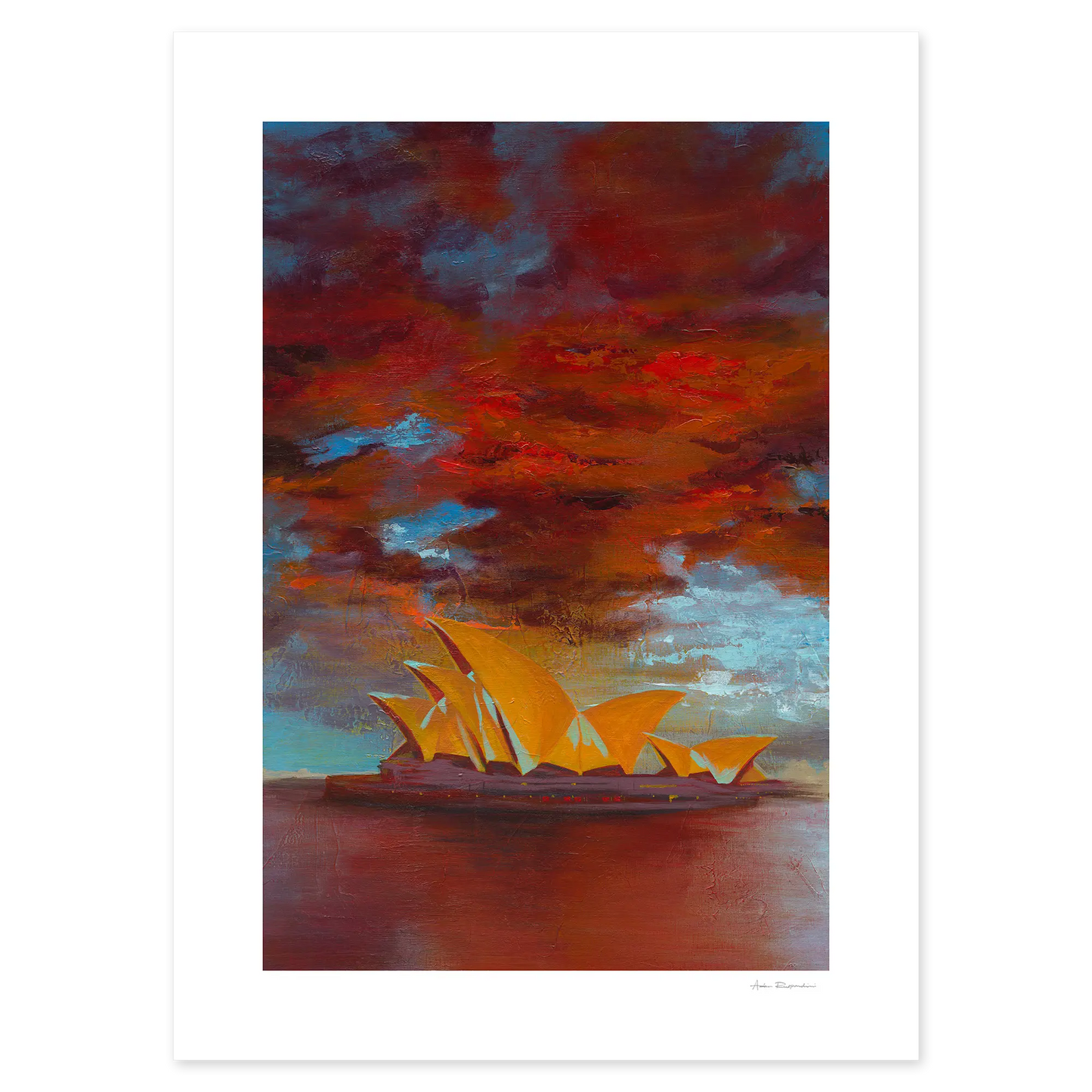 Painting of the Sydney Opera House with a dramatic red and orange sky.