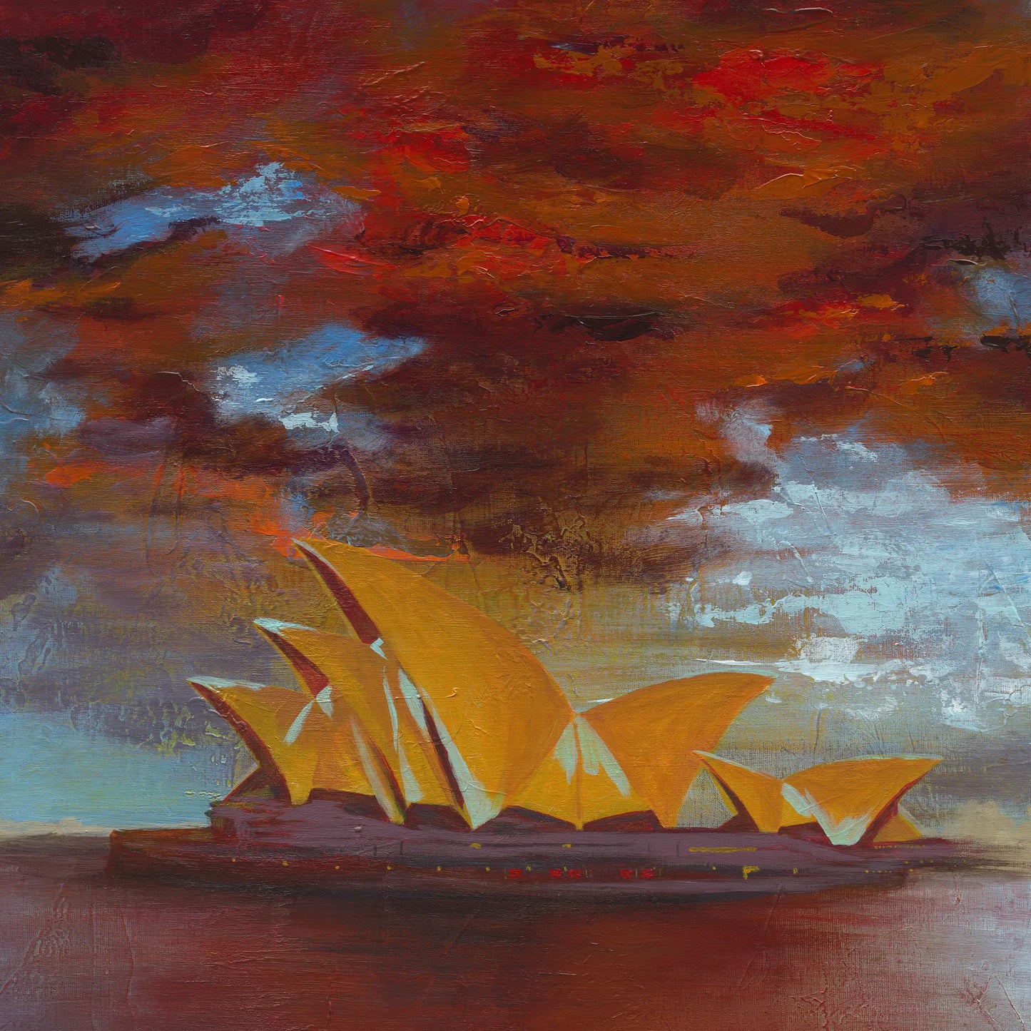 Artistic depiction of the Sydney Opera House with a dramatic sky.