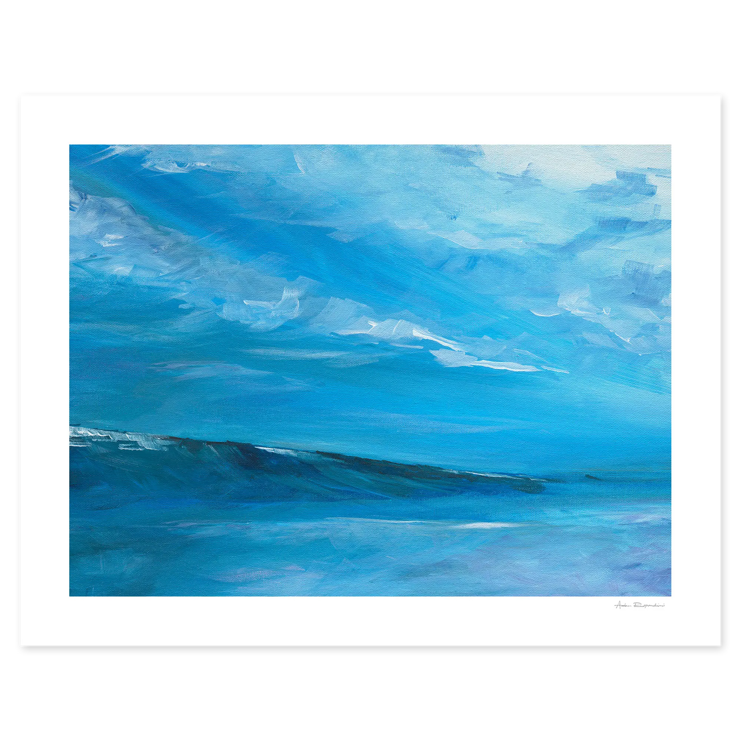 Abstract painting of blue waves with a white border