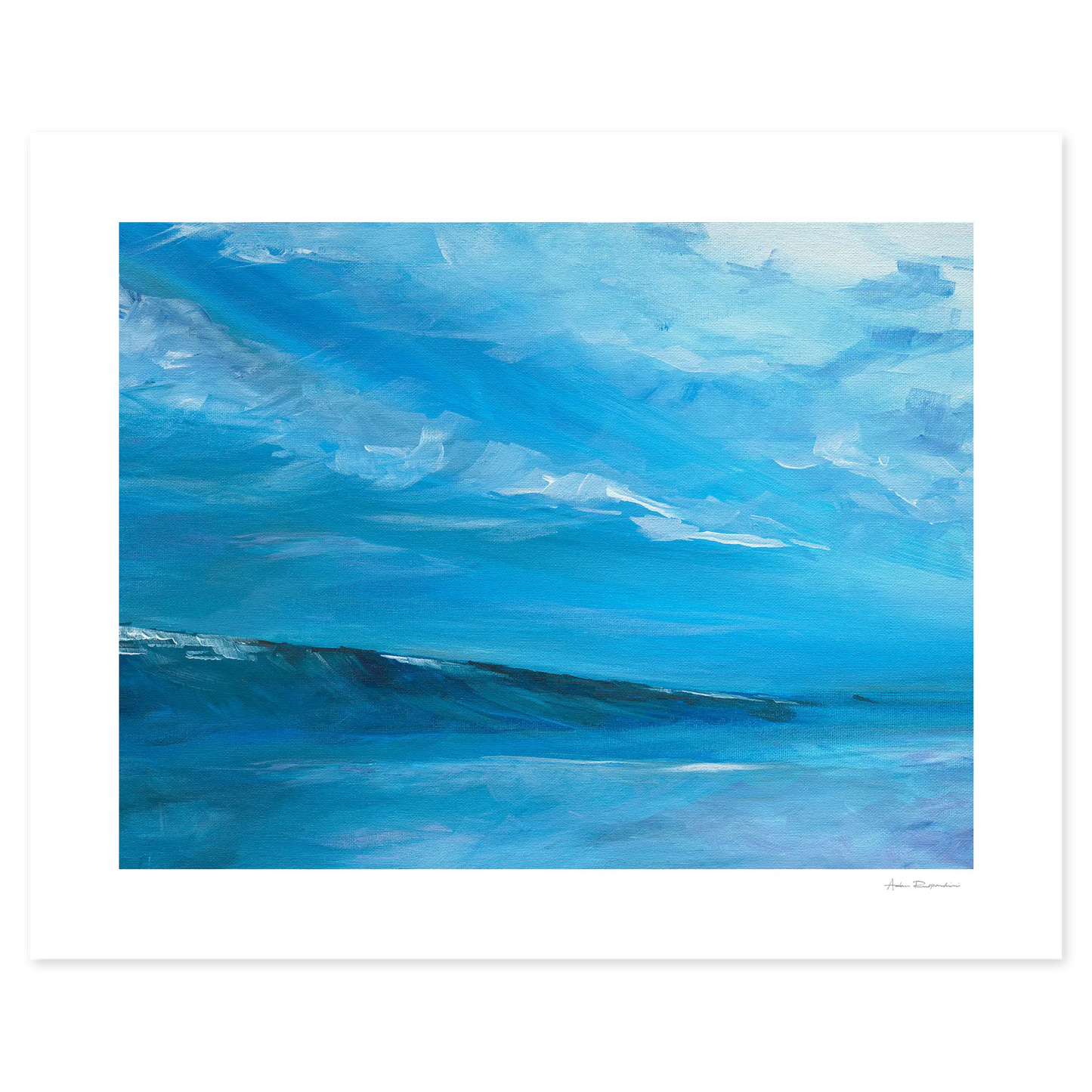 Abstract painting of blue and white waves on a white background