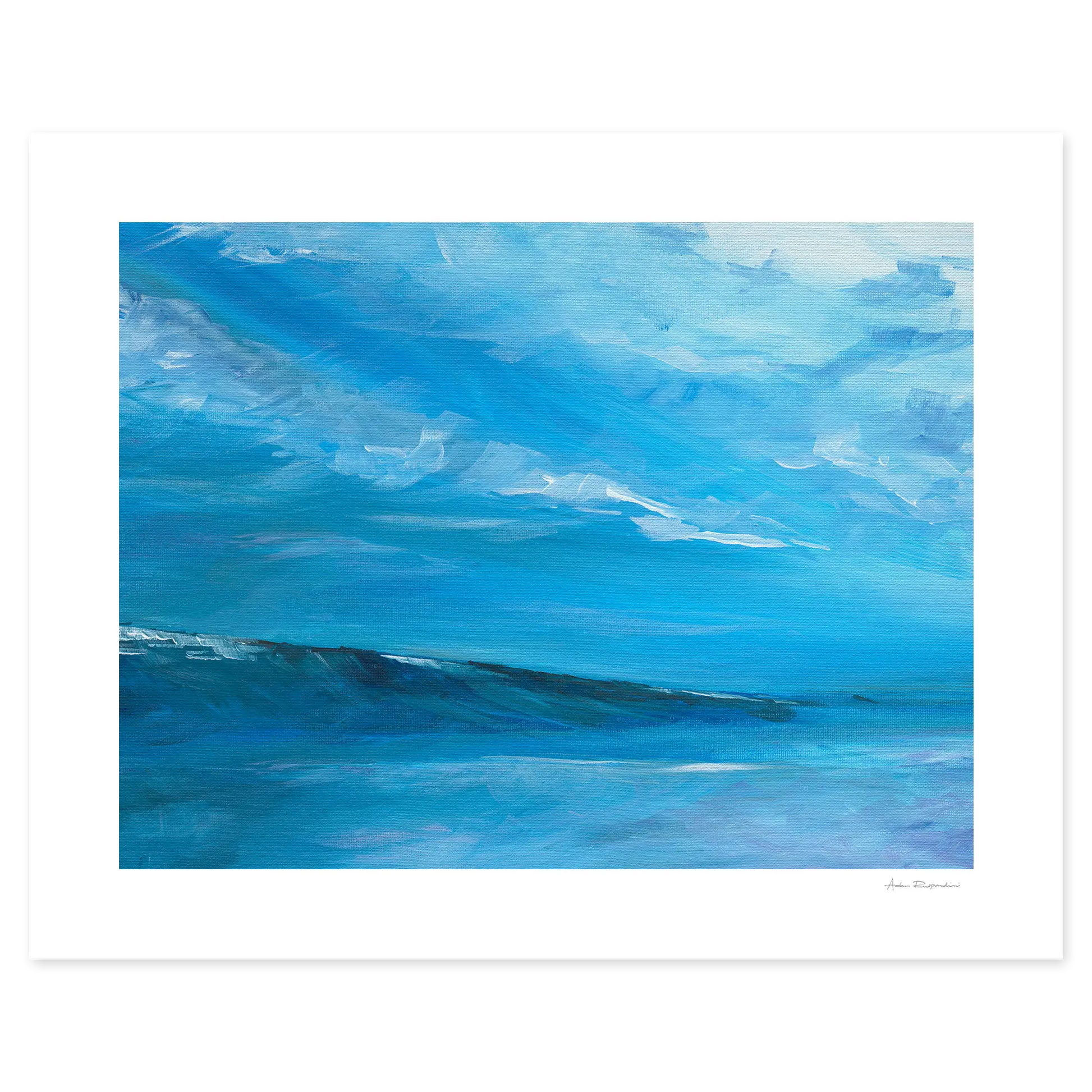 Abstract painting of blue and white waves on a white background