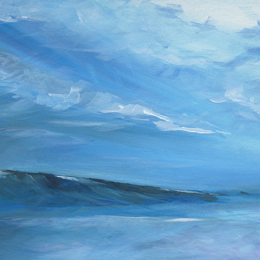 Abstract painting of blue waves with white highlights