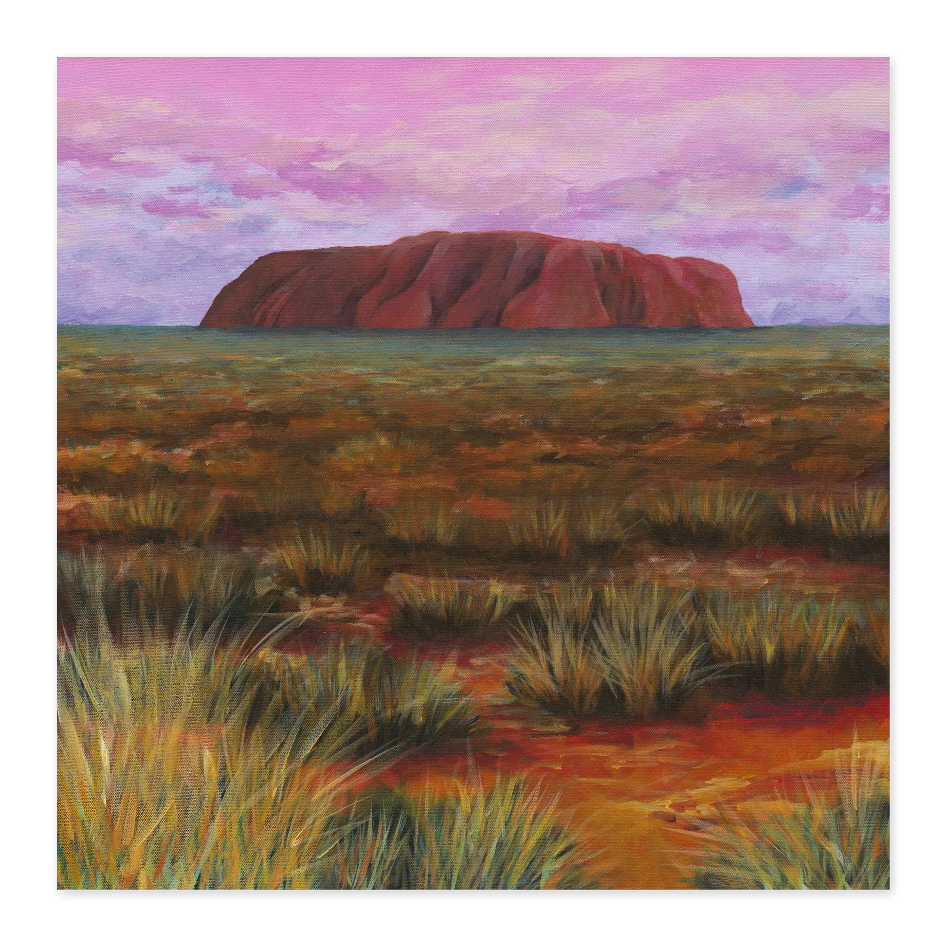 Painting of a desert landscape with a large rock formation under a purple sky.