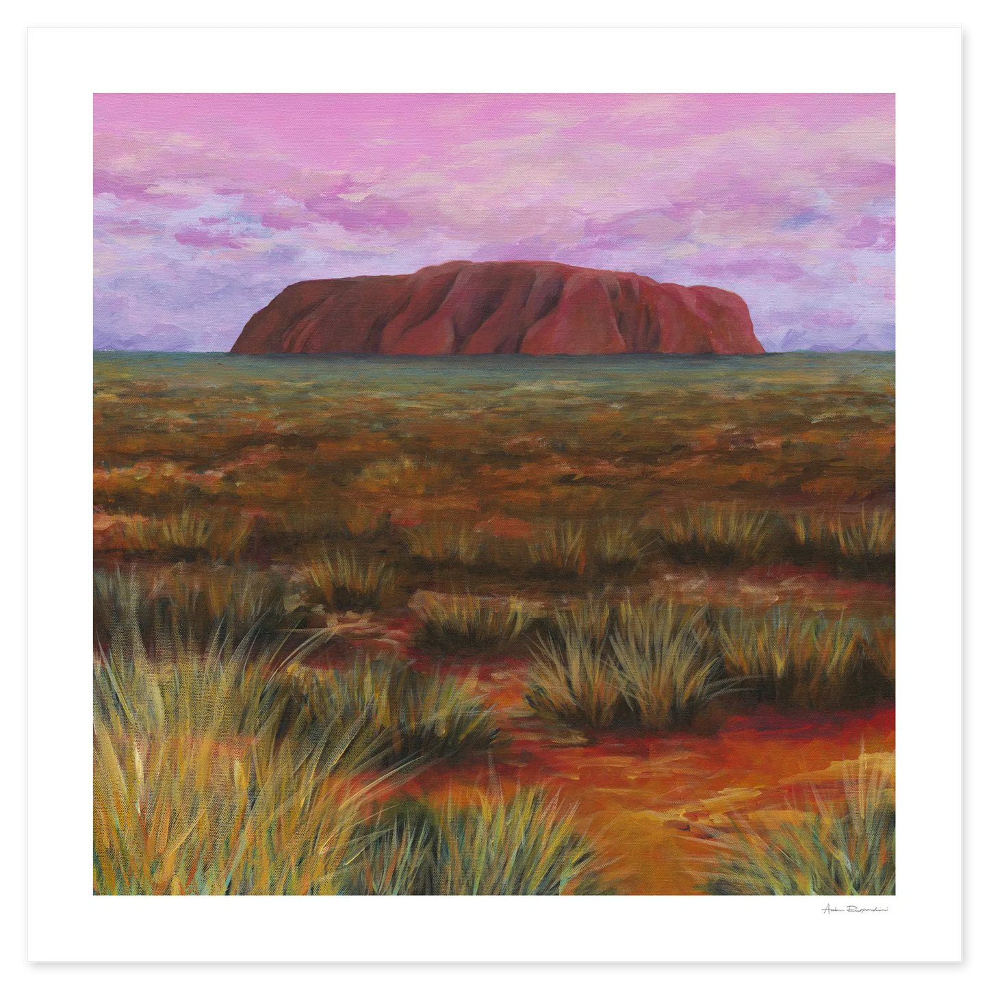 Painting of a desert landscape with a large rock formation under a pink sky.