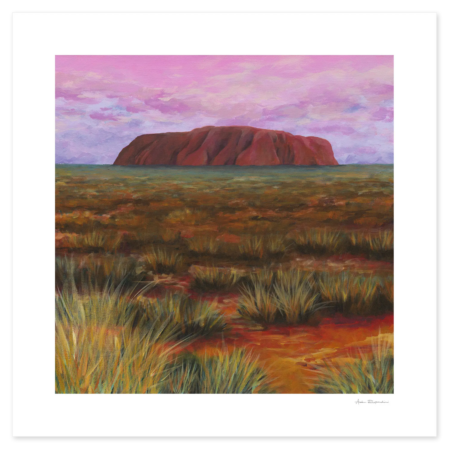 Painting of a desert landscape with a large rock formation under a pink sky.