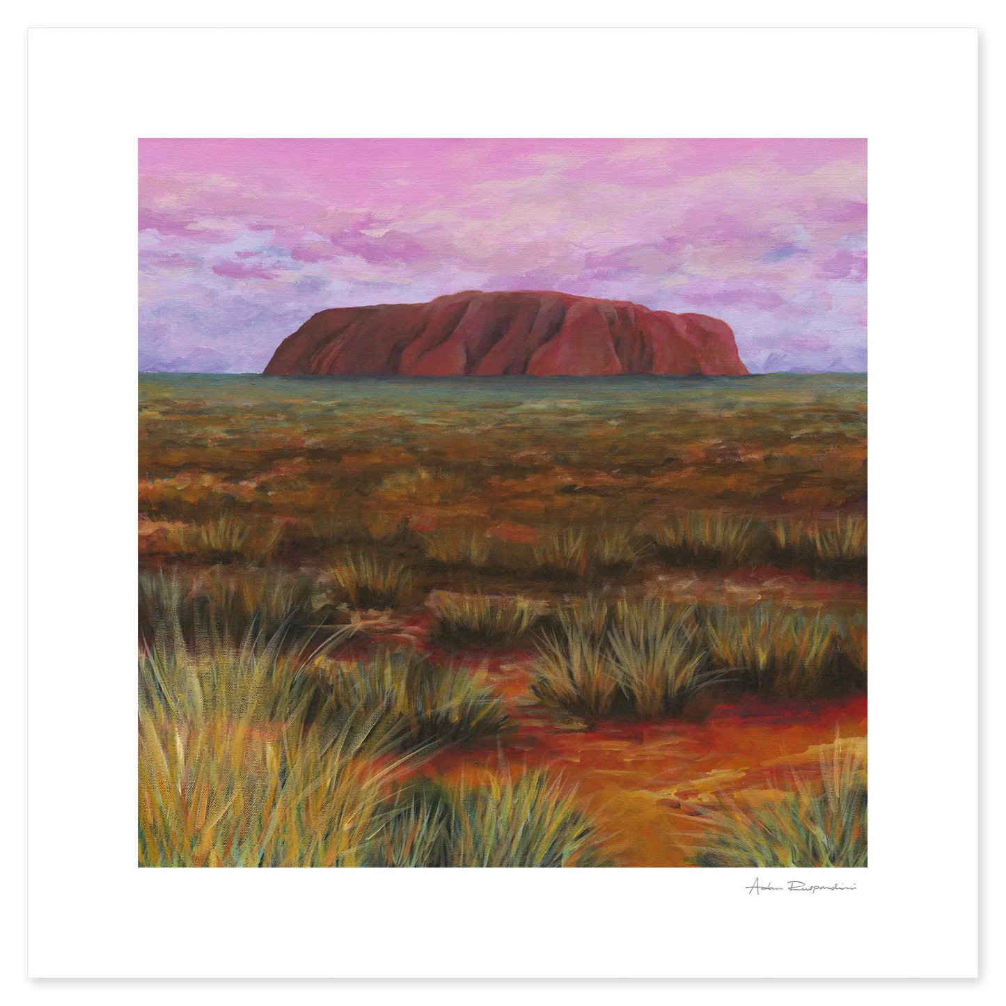 Painting of a red rock formation in a grassy landscape with a pink sky.