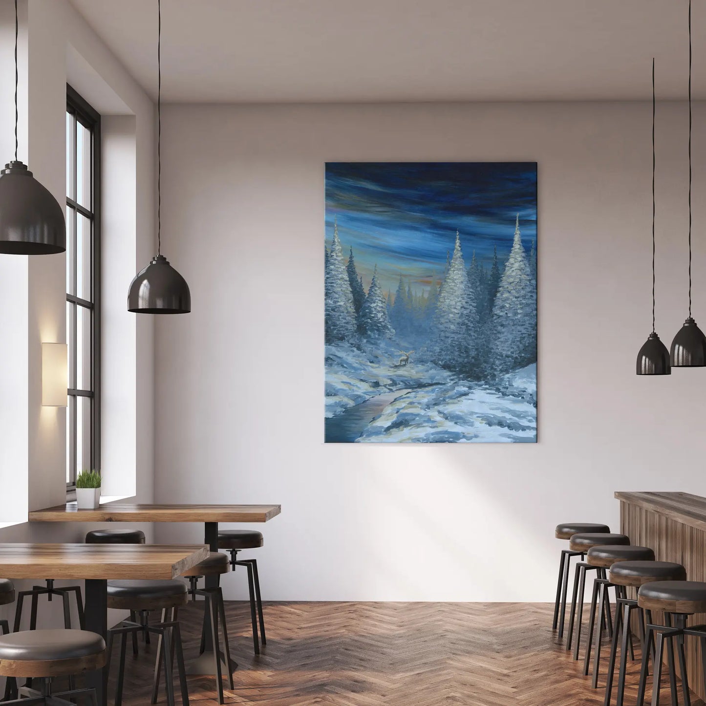 Modern interior with a painting of a snowy landscape on the wall