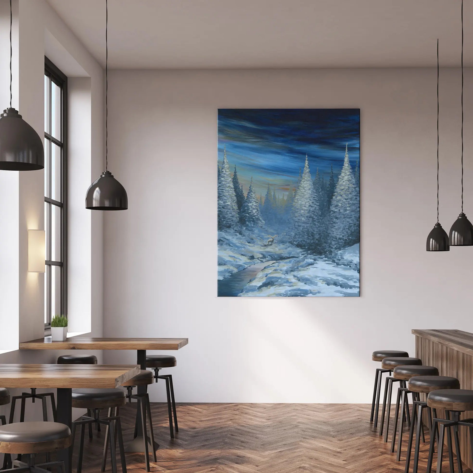 Modern interior with a painting of a snowy landscape on the wall