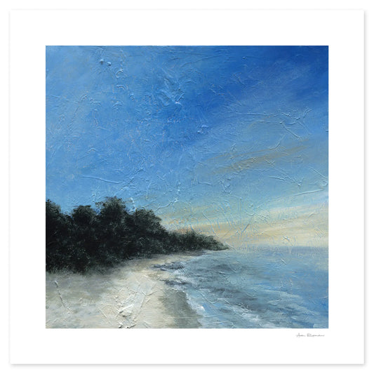 Painting of a beach scene with trees and blue sky