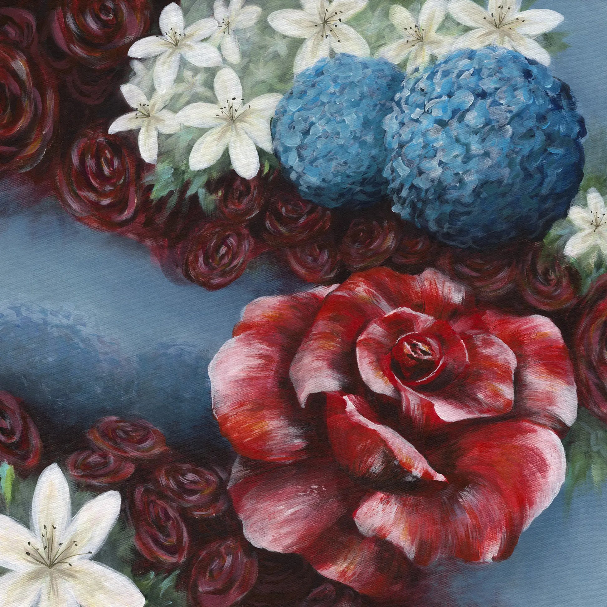 Artistic depiction of flowers including red roses, blue hydrangeas, and white lilies on a textured background.
