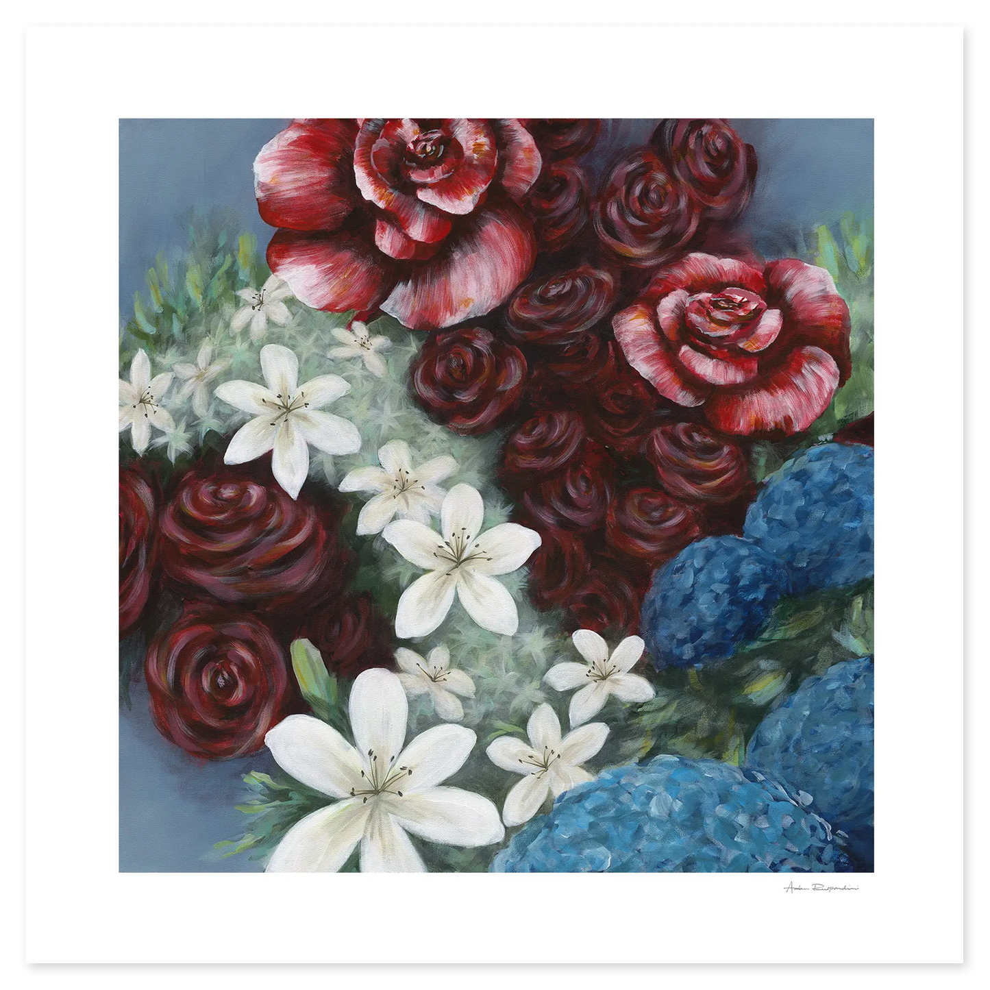 Floral arrangement with red roses, white lilies, and blue hydrangeas on a blue background