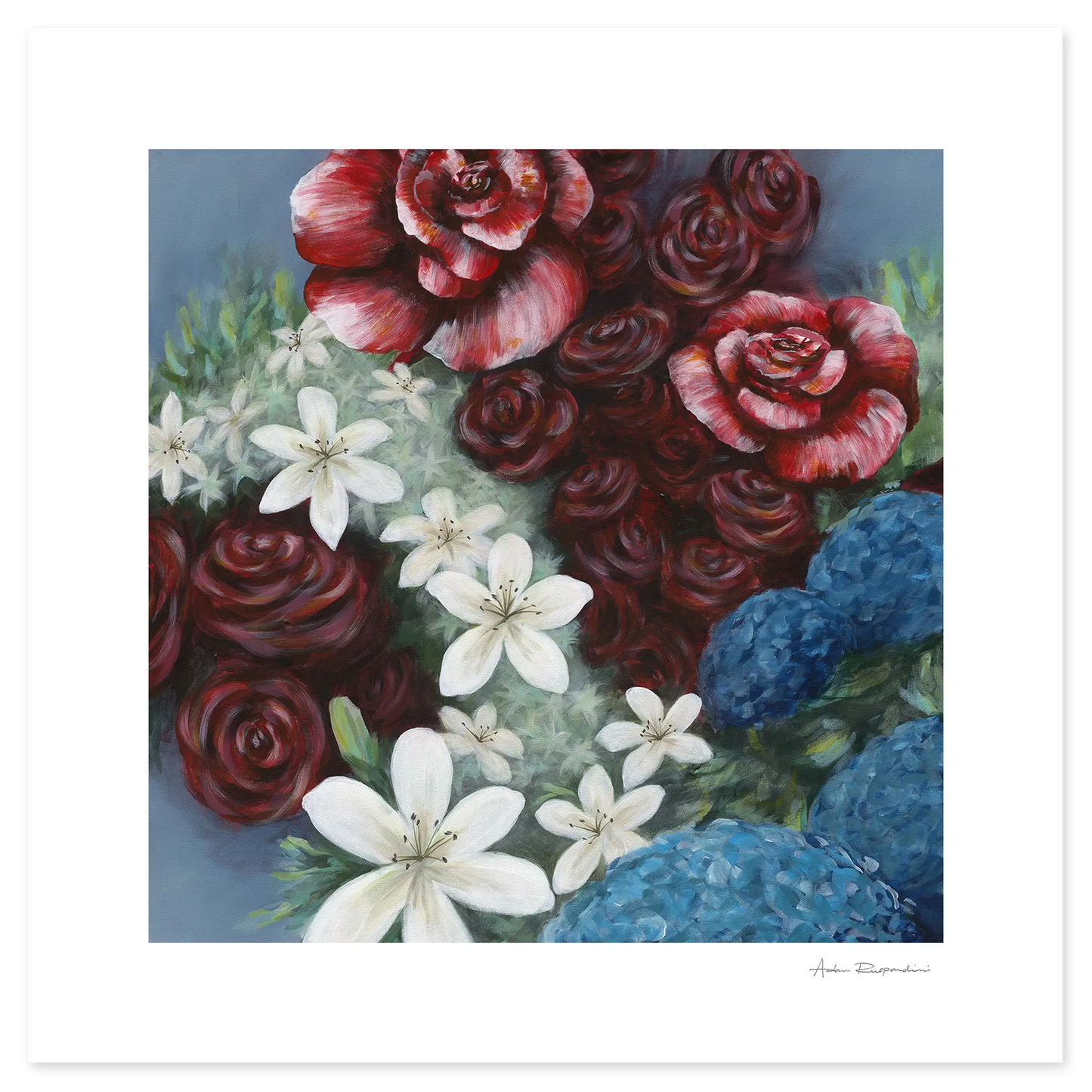 Art print of red roses, white lilies, and blue hydrangeas on a textured background.