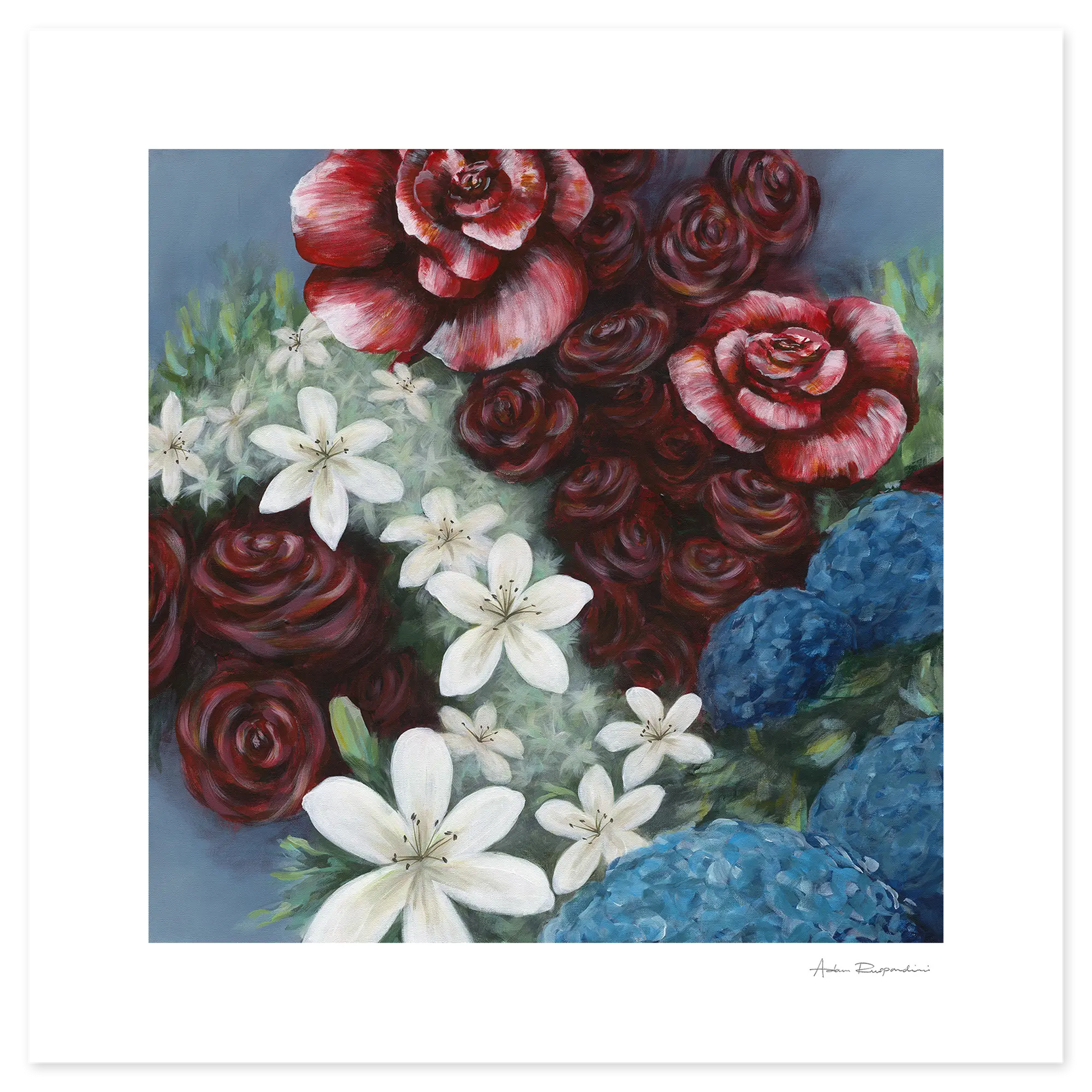 Art print of red roses, white lilies, and blue hydrangeas on a textured background.