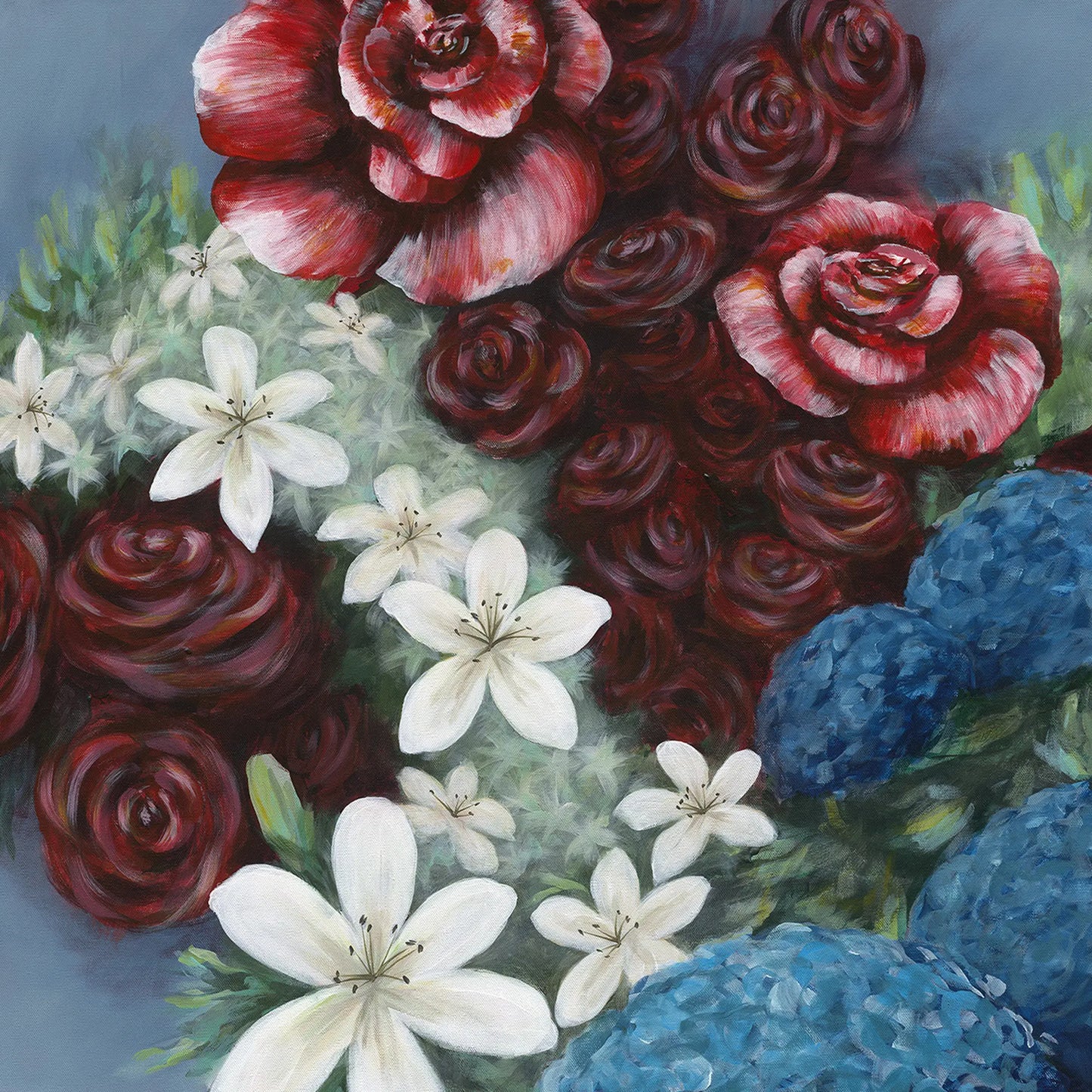 Artistic depiction of red roses, white lilies, and blue hydrangeas on a textured background.