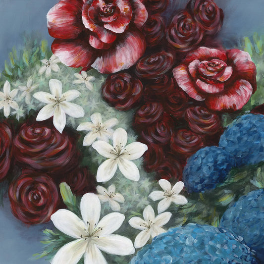Artistic depiction of red roses, white lilies, and blue hydrangeas on a textured background.