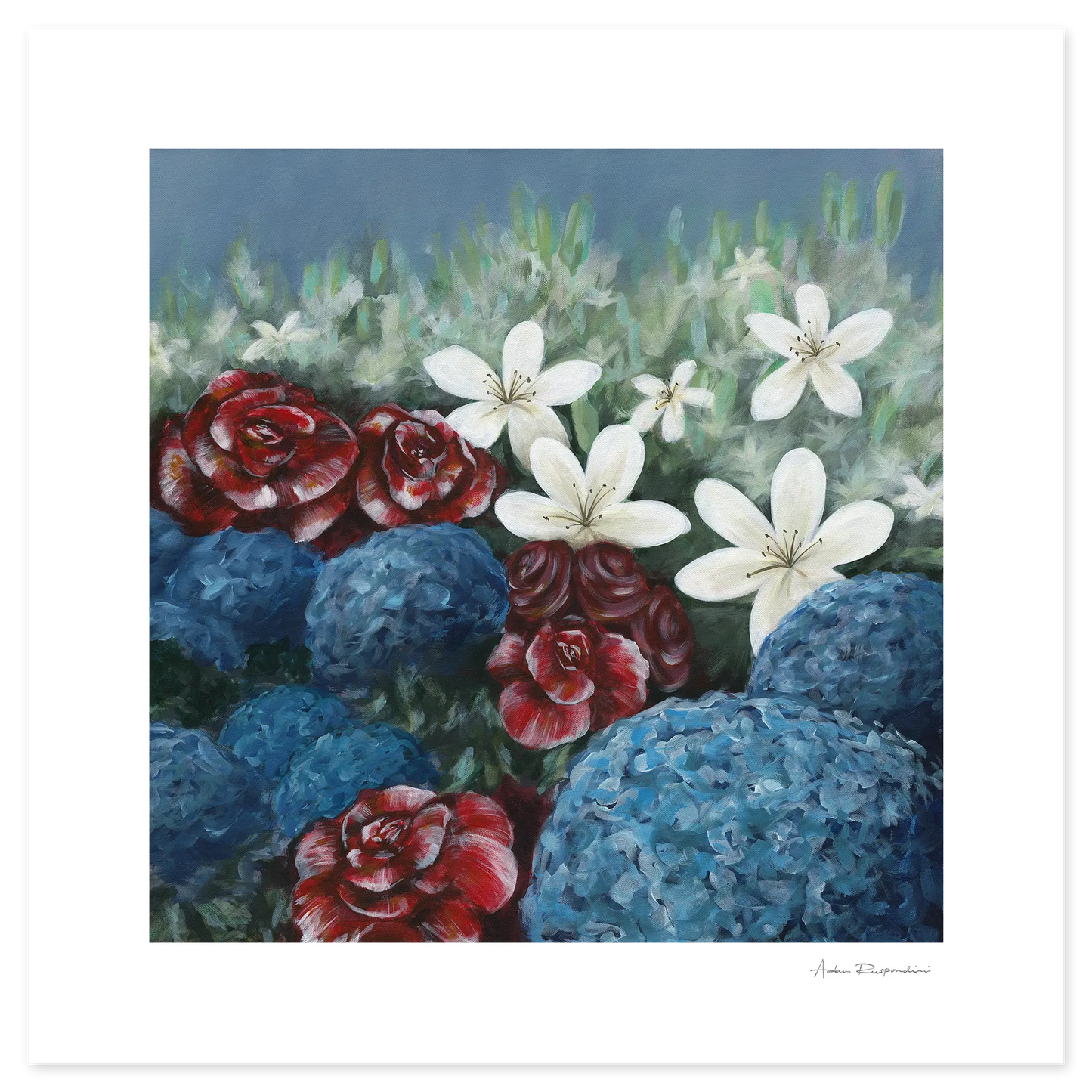 Art print of flowers including blue hydrangeas, red roses, and white lilies on a white background.
