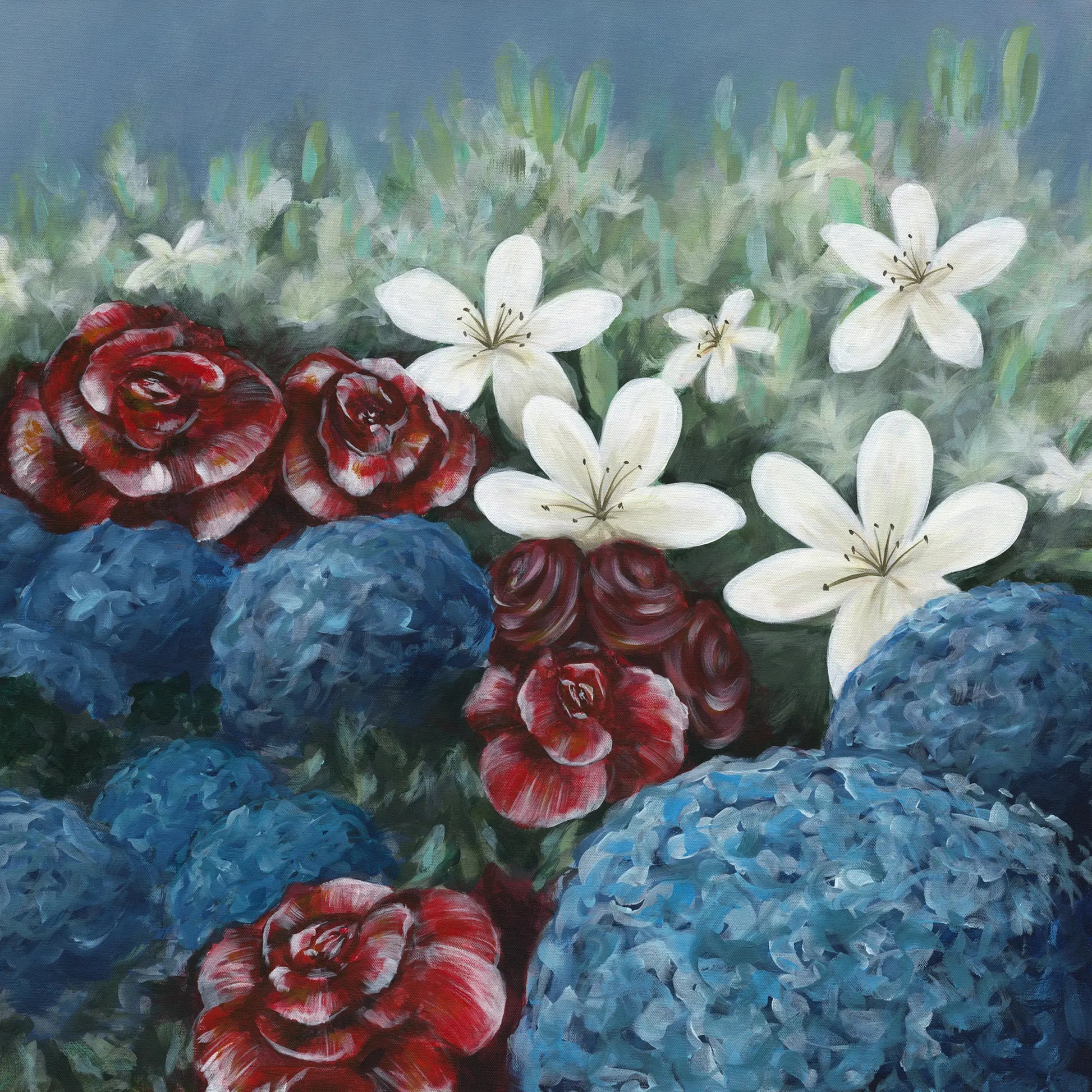 Painting of flowers including red roses, white lilies, and blue hydrangeas.