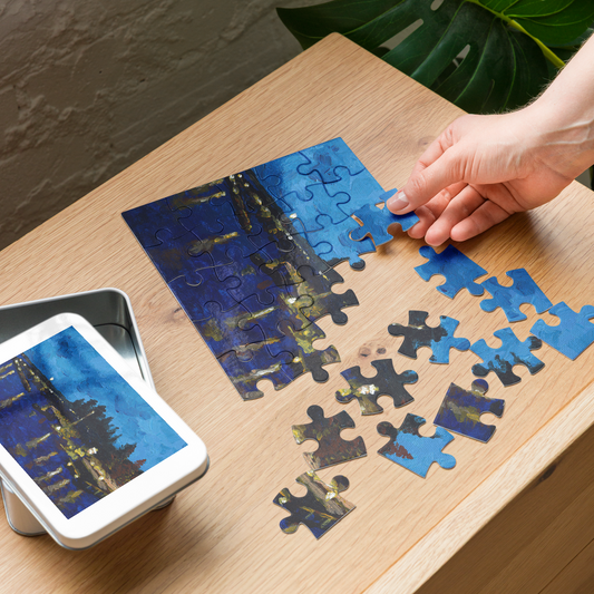 Forster at Night - Jigsaw puzzle with tin