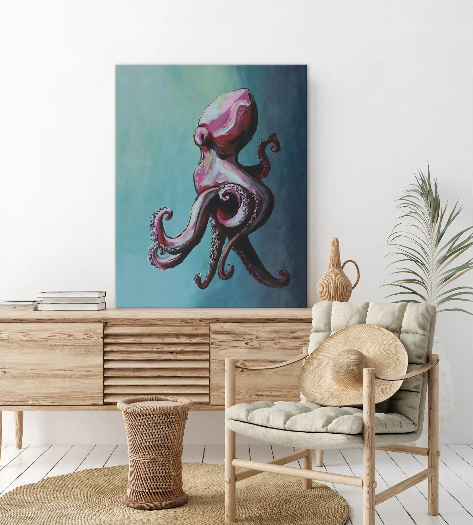 Room interior with a large octopus painting on the wall, wooden cabinet, and chair.