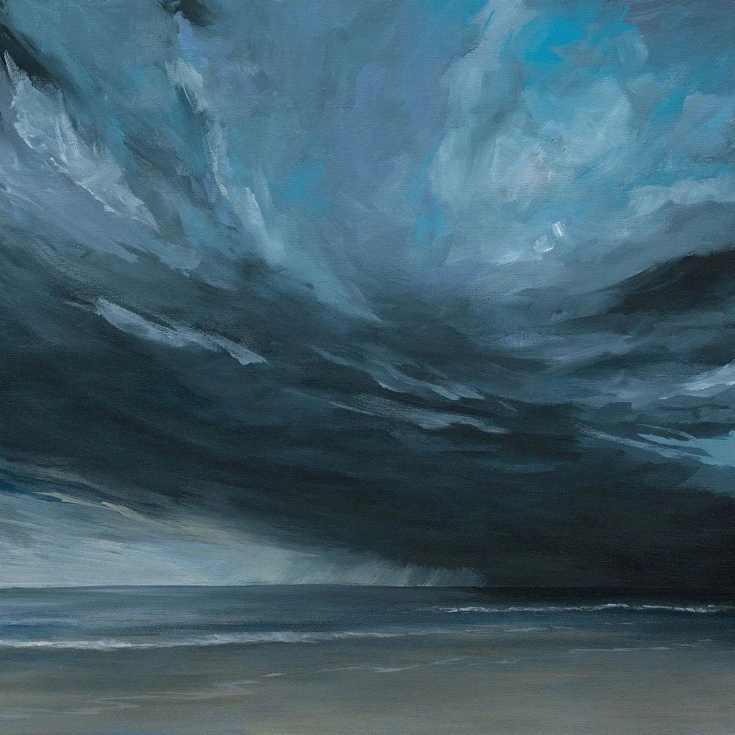 Artistic depiction of a stormy sky over water in moody cool blues