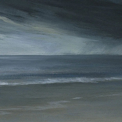 Artistic depiction of a stormy sky over water in moody cool blues
