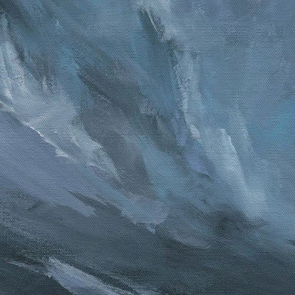 Artistic depiction of a stormy sky over water in moody cool blues
