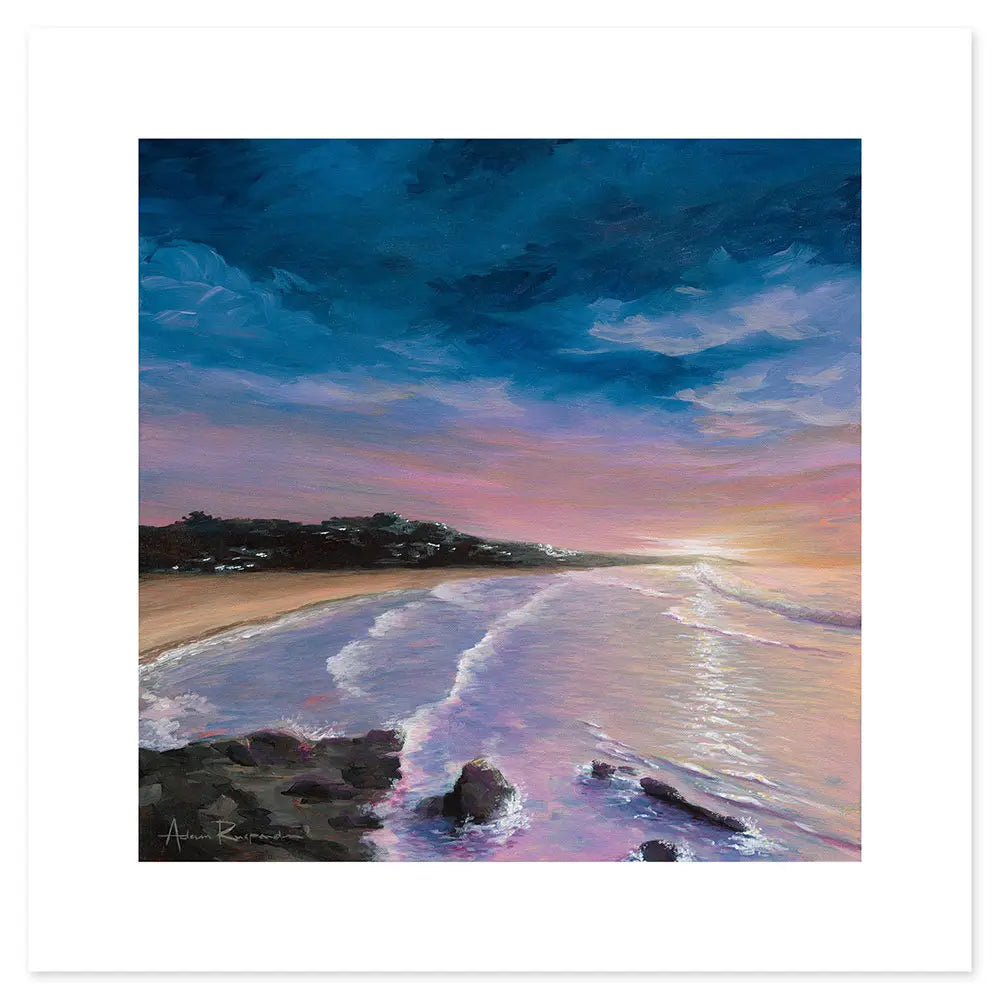 Painting of a beach scene with waves and a colourful sky in warm tones.